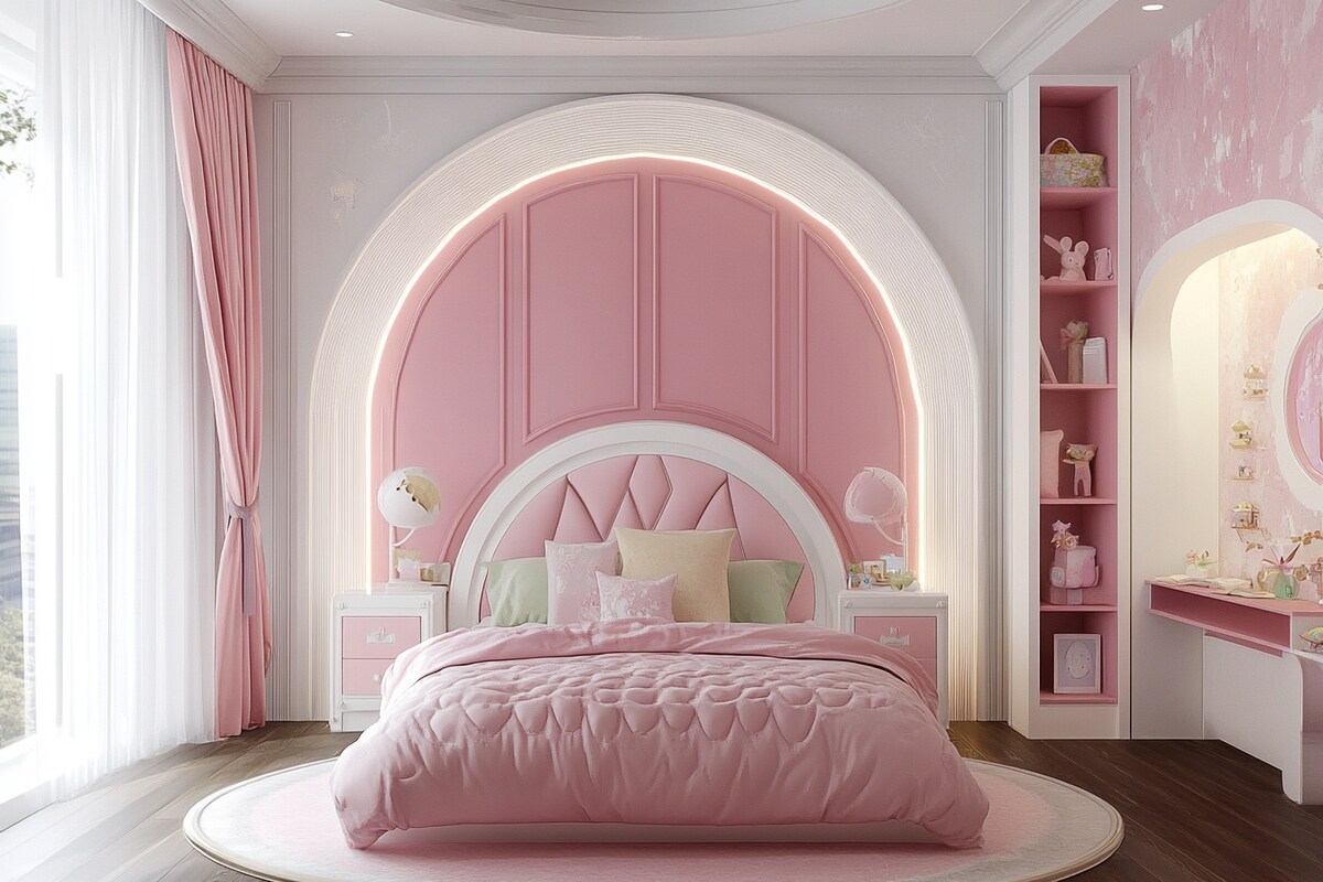 Art Deco Kids Bedroom Design With Arc Pink Panels And White Frame Art Deco Kids Bedroom Design With Arc Pink Panels And White Frame